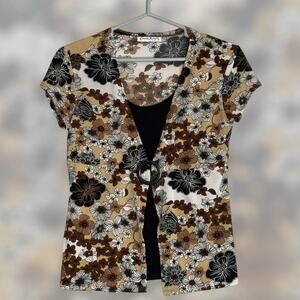 Y2K Brown Black Boho Chic Retro Floral Layered Top Womens Medium Indie Sleaze
